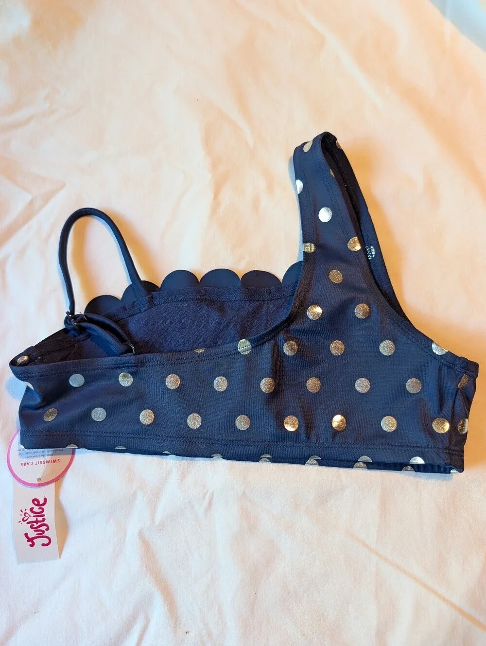 Justice Navy/Gold Foil dot scalloped one shoulder bikini Size 14 NWT